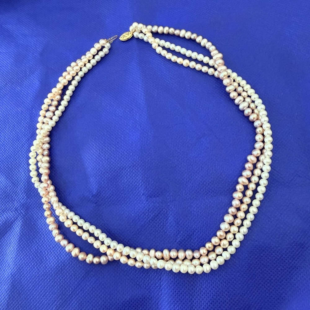 VTG 14K Yellow Gold Multicolor Freshwater Pearl 3 Strand Necklace 18 Inch Beaded